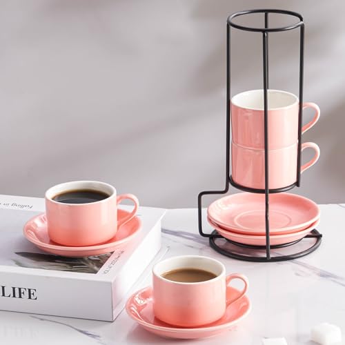 8 OZ Porcelain Stackable Cappuccino Cups and Metal Stand Set of 4 (4 Count)