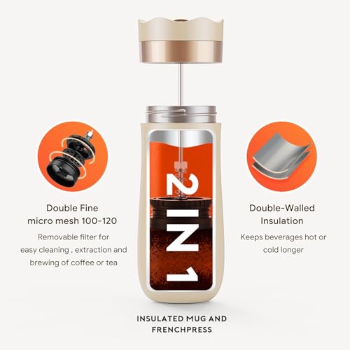 Portable Travel French Press Coffee Maker 12oz Portable French Coffee Maker and Tea Maker Double Walled Stainless Steel Vacuum Insulated Coffee Mug Great for Camping and Traveling