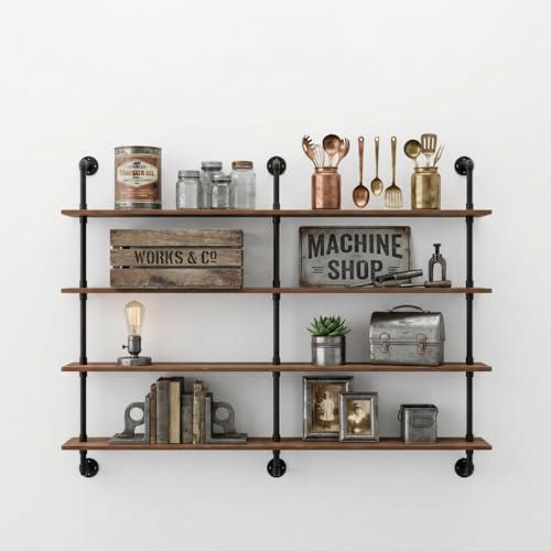 Floating Shelves for Wall Bookshelf Industrial Pipe Shelving Shelves 60 Inch Natural Wood Planks Rustic Wall Shelves Hanging Bookshelves Farmhouse Kitchen Shelving (3 Count)
