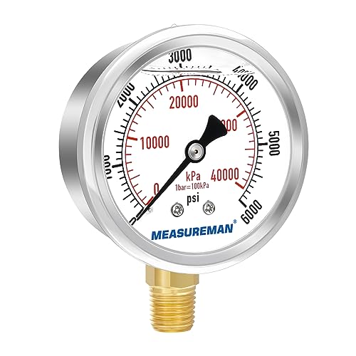 2-1/2" Dial Size, Glycerin Filled Pressure Gauge, 0-6000psi/kpa, 304 Stainless Steel Case, 1/4" NPT Lower Mount