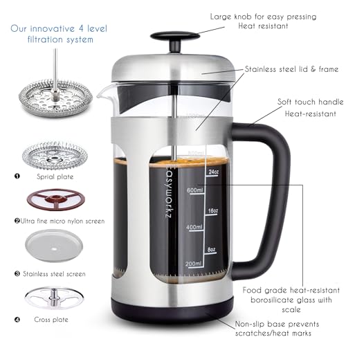 Stainless Steel French Press 34 oz Coffee Tea Maker with Soft Grip Handle