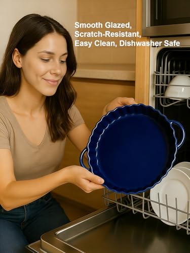 10×2in Deep Ceramic Pie Pan with Handles for Pie Quiche Tart Baking. Easy to grip