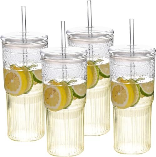 20 oz Glass Cups with Lids and Straws