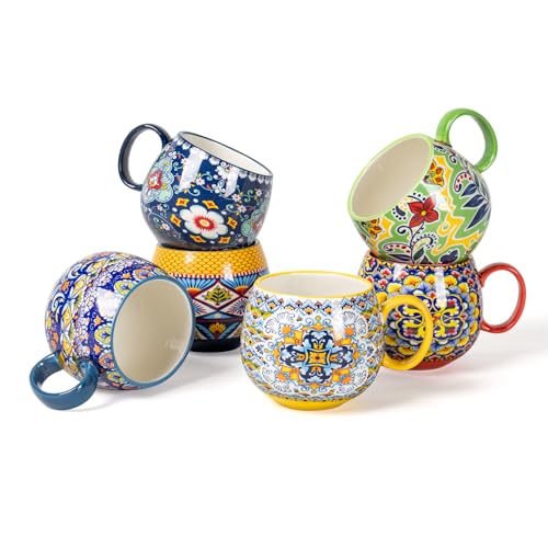 Large Boho Ceramic Coffee Mugs Set of 6