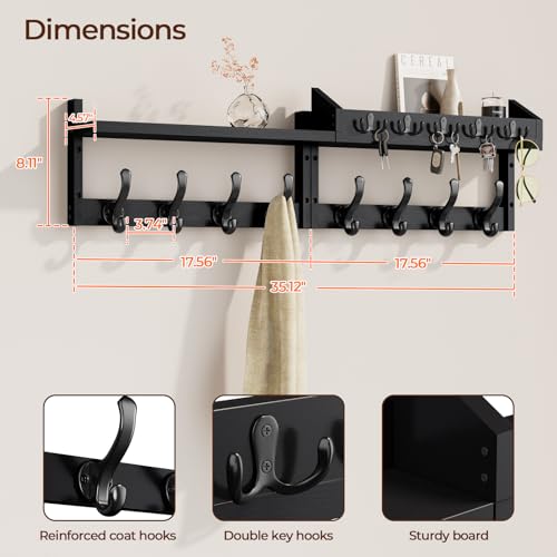 35" Coat Rack Wall Mount with Shelf & 13 Hooks