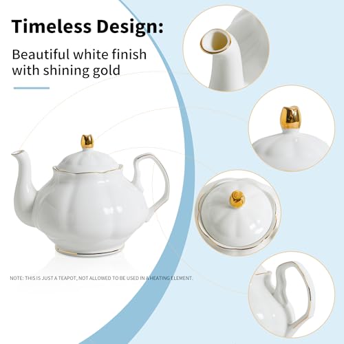 27oz White Porcelain Teapot with Gold Trim