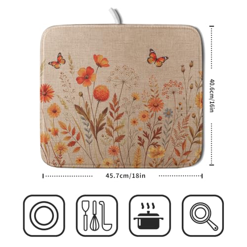 Rustic Fall Flowers Dish Drying Mat Retro Autumn Orange Floral Butterfly Dish Drainer Mats 16"x18" Microfiber Reversible Dish Drying Rack Pad Protector for Kitchen Countertop Decor