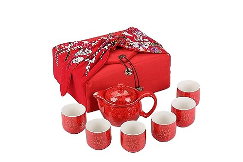 Chinese Tea Set Traditional Red Ceramic with Chinese Teapot and 6 Porcelain Teacups