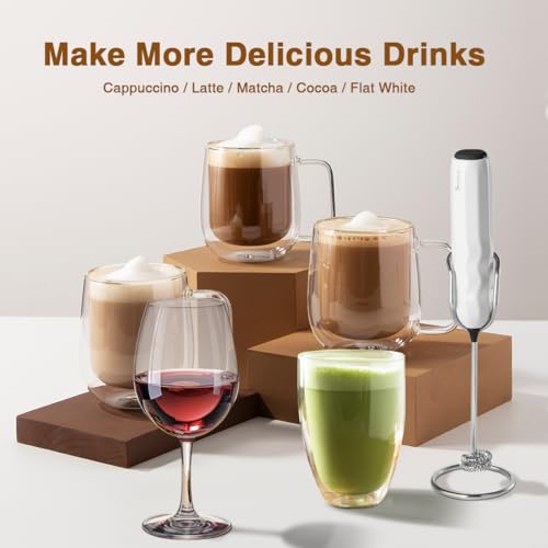 Ultra Fast Handheld Milk Frother Double Whisk with Stand 2 Batteries Stainless Steel for Lattes Cappuccino Matcha Hot Chocolate Coffee Bar Accessories Kitchen Gadgets Gift
