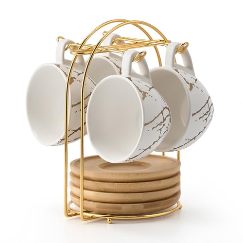 Ceramic Demitasse Espresso Cups Set with Saucers and Metal Stand (4 Count)