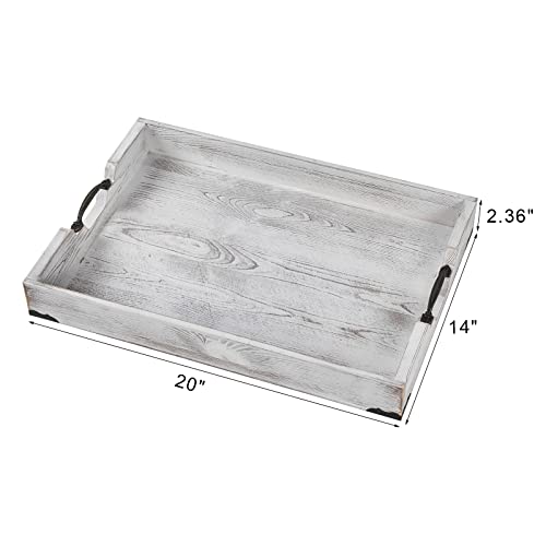 Large Wood Rectangular Serving Tray 20 x 14 Inch Rustic Wooden Ottoman Tray with Metal Handle and Wrapped Corners