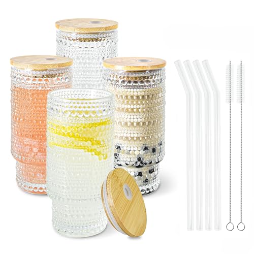 4 Pcs 11 oz Drinking Glasses Cups Set with Bamboo Lids Straws Brush Small Drinking Glassware Set for Juice Iced Coffee Cocktail Whiskey (4 Count)