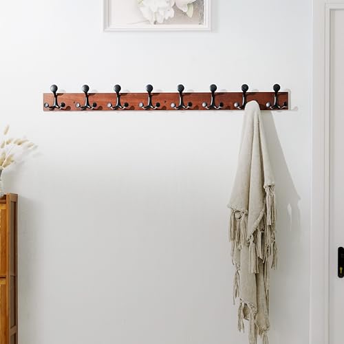 43 Inch Cherry Wood Coat Rack Wall Mount with 8 Triple Hooks