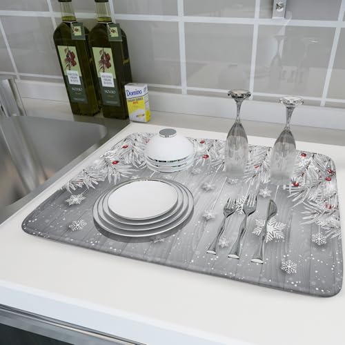 18"x24" Winter Snowflakes Dish Drying Mat Christmas Holly Berries Silver Falling Snow Dish Drainer Mats Absorbent Fast Dry Microfiber Dish Drying Pad for Kitchen Countertop Decor Large