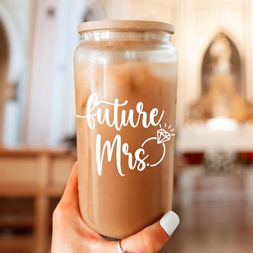 Future Mrs Glass Coffee Cup 16 Oz with Bamboo Lid and Straw