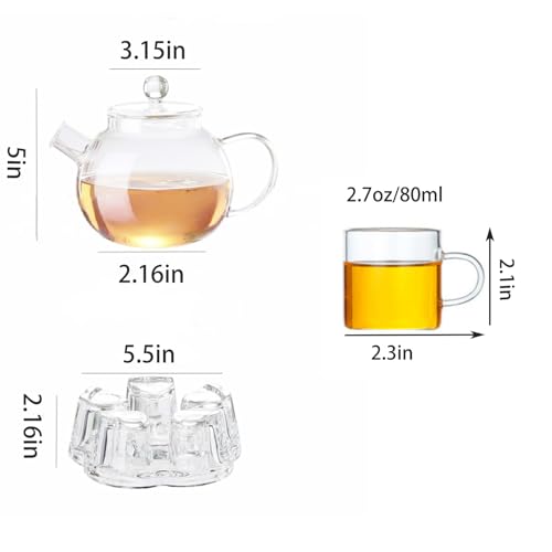 Glass Teapot with Infuser Clear Glass Tea Kettle with 4 Teacups and teapot warmer