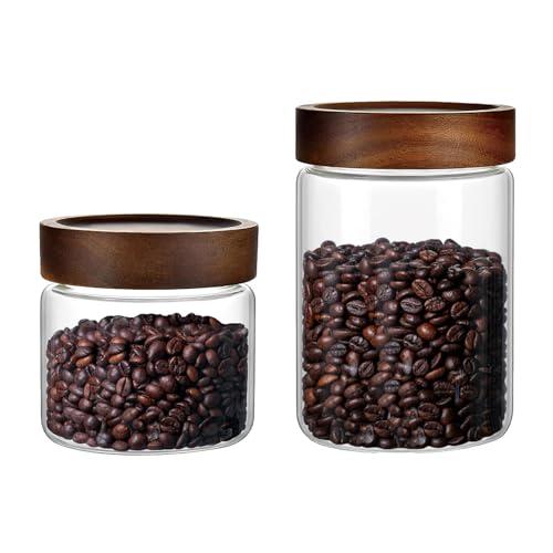 Set of 2 Glass Jars Food Storage Canister with Airtight Wooden Screw on Lid