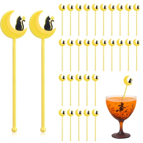 30 Pcs Halloween Swizzle Sticks Moon and Cat Fall Drink Stirrers