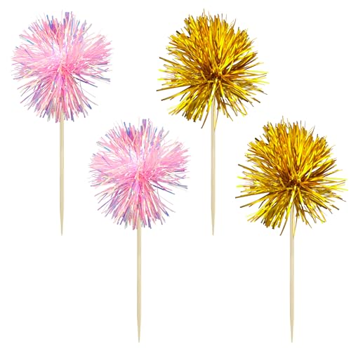 30Pcs Foil Firework Cupcake Toppers Sparkle Tinsel Cake Toppers Tinsel Drink Cake Decoration Cocktail Picks for Birthday Wedding Graduation Party Supplies Gold Pink (30 Count)