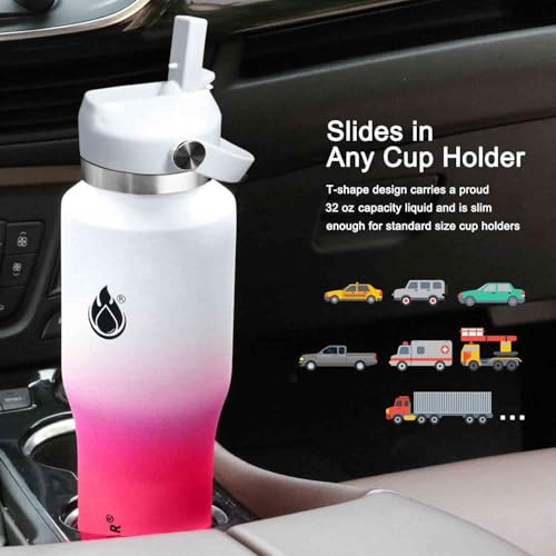 32oz Water Bottle Wide Mouth Stainless Steel Vacuum Insulated Double Wall with 2 Straw Lids Fit in Any Car Cup Holder TXIN