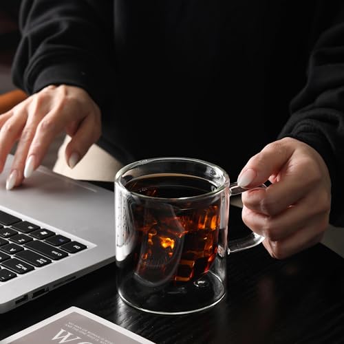 12 OZ Double Walled Glass Coffee Mugs Set of 2 Clear Coffee Cups with Handle 355ml Hand (2 Count)
