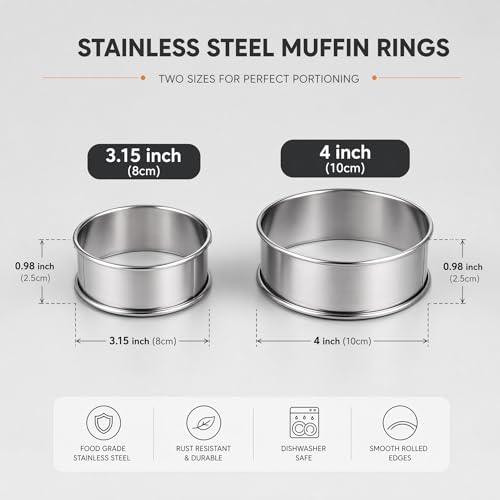 24packs English Muffin Ring 3.15 Inch+ 4 Inch Crumpet Rings Stainless Steel Double Rolled Nonstick Metal Round Tart Ring Molds for Cookie Baking Cooking (24 Count)