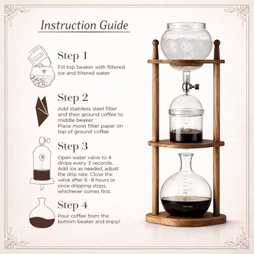 Cold Brew coffee Maker Ice Coffee Drip Machine with Advanced Slow Drip Technology Borosilicate Glass with Wood Tower