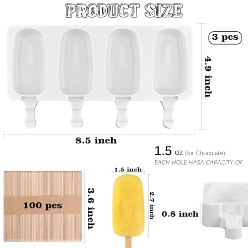 3 Pcs 4 Cavity Mini Popsicle Silicone Molds with 100 Wooden Sticks (124 Count)