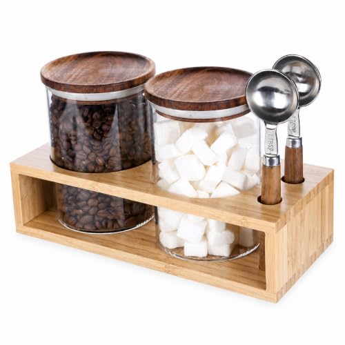 2 Glass Coffee Canister Set with Bamboo Rack & Scoops (5 Count)