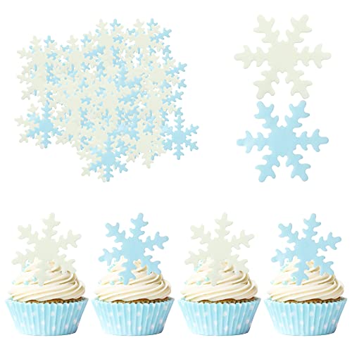 50Pcs Blue White Edible Cupcake Toppers Snowflakes Cake Toppers Snowflakes Cake Decoration Winter Frozen Birthday Party Supplies (50 Count)