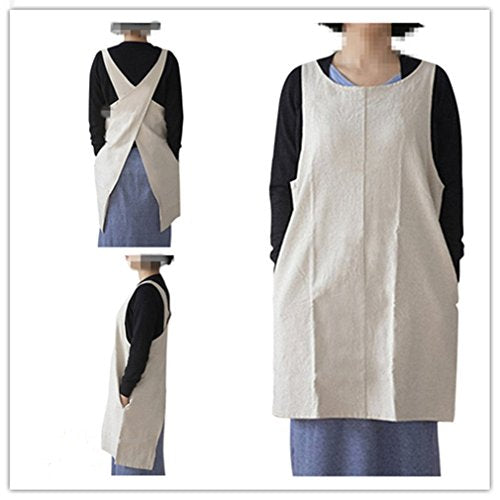 Soft Cotton Linen Apron Solid Color Halter Cross Bandage Aprons Japanese Style X Shape Double Pockets Kitchen Cooking Clothes Gift for Women Chef Housewarming