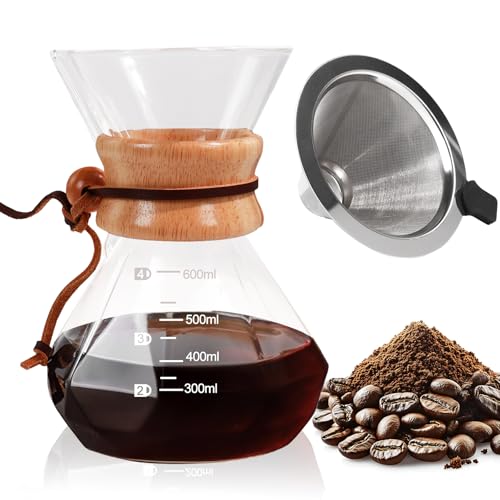 Pour Over Coffee Maker 600ml with 304 Stainless Steel Filter Wooden Collar Holder Borosilicate Glass Drip Coffeemaker Server Set Clear Hand Brew Dripper Carafe for Home Camping Travel 20.3oz