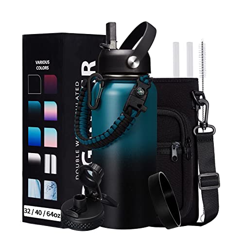 32/40/64/128 oz Insulated Water Bottle with straw & Spout Lids Keep Cold 48H Hot 24H, Large Water Flask Bottle with Shoulder Carrier Bag, Paracord Handle & Boot for Gym, Workout & Beach (9 Count)
