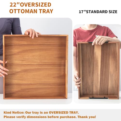 Large Wooden Serving Tray for Ottoman Wooden Ottoman Tray 20INCH Acacia Square Tray with Handles Wooden Coffee Table Tray Multi