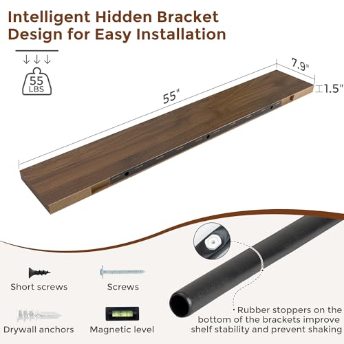 55 Inch Floating Shelves for Wall 8 Inch Deep Walnut Shelves Set of 2 (2 Count)