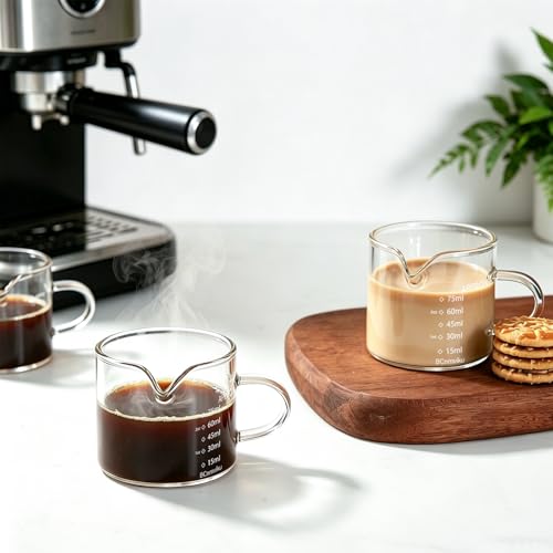 2 PACK Espresso Glass Measuring Cup Triple Pitcher Milk Cup 75ML Espresso Cups with Handle Shot Glass with V (2 Count)