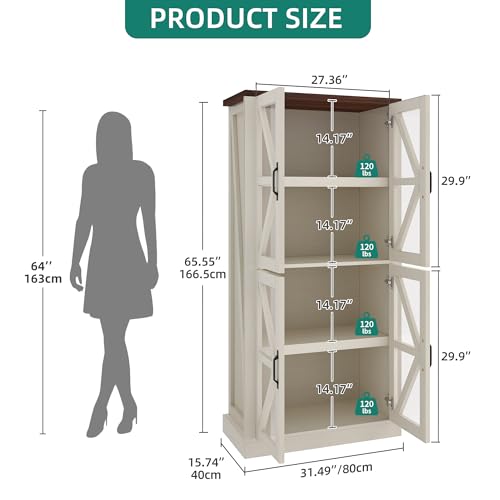 66" Freestanding Farmhouse Glass Door Display Cabinet
