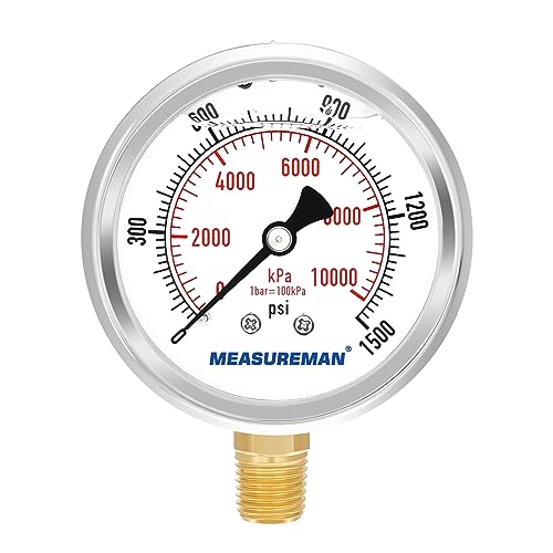 2-1/2" Dial Size, Glycerin Filled Pressure Gauge, 0-1500psi/kpa, 304 Stainless Steel Case, 1/4" NPT Lower Mount