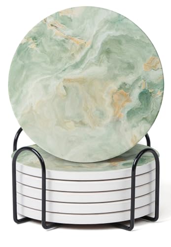 Set of 6 Sage Green Marble Coasters with Holder (6 Count)