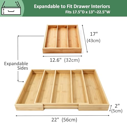 Bamboo Expandable Kitchen Drawer Organizer Silverware Utensil Tray