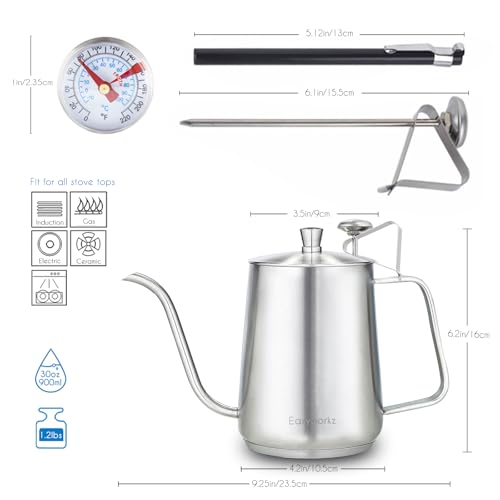 Gooseneck Pour Over Coffee Kettle 30 fl oz with Thermometer Stainless Steel Hand Drip Coffee Pot With Long Narrow Spout