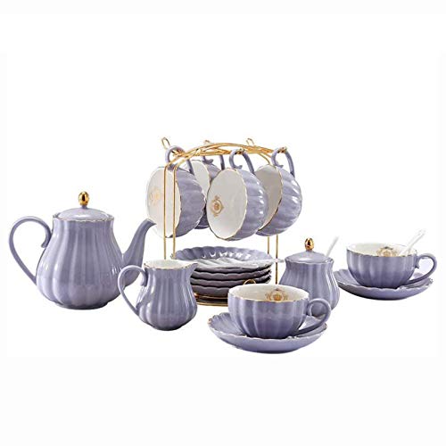 Utility 22 Pieces Ceramic Coffee Tea Gift Sets Porcelain Tea Sets British Royal Series Purple Teapot Sugar Bowl Creamer Pitcher and Teaspoons Teapots