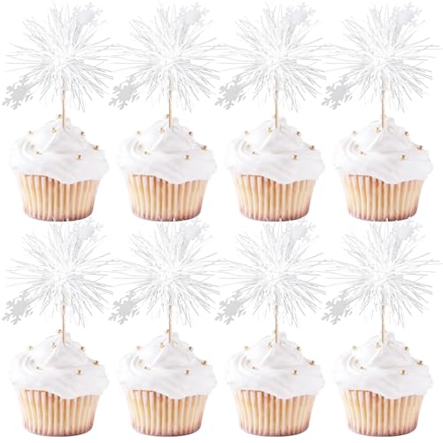 30 PCS Foil Firework Cupcake Toppers Snowflake Cupcake Picks Birthday Cupcake Toppers Sparkle Tinsel Flower Drink Stirrers Cocktail Fruit Toothpicks for Baby Shower Birthday Party Cake Decor Supplies (30 Count)