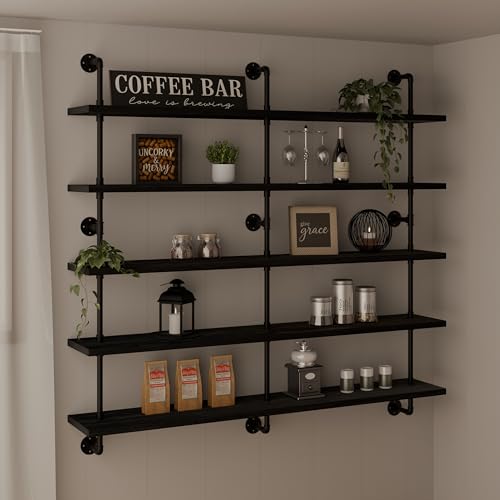 Floating Shelves for Wall Bookshelf Industrial Pipe Shelving Shelves 60 Inch 5 Tier Natural Wood Planks Rustic Wall Shelves Hanging Bookshelves Farmhouse Kitchen Shelving