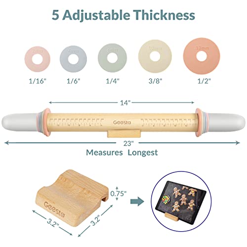 Adjustable Wood Rolling Pin with 5 Thickness Rings