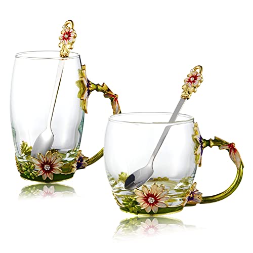 Glass Fancy Tea Cup Set Birthday Christmas Valentine's Day Gift Idea for Tea Lover and Women Novelty Coffee Mugs Rose Flower Enamel Glass Mug with Spoon Set (34.99 Count)