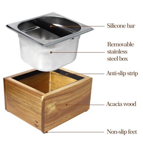 Large Acacia Wood Espresso Knock Box with Stainless Steel Interior