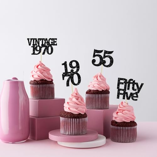 24Pcs Vintage 1970 Cupcake Toppers Glitter Cheers to 55 Fabulous Fifty Five Cupcake Picks 55th Birthday Wedding Anniversary Party Cake Decorations Supplies Black (24 Count)