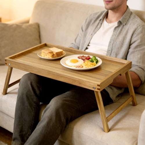 Acacia Bed Tray Table with Folding Legs