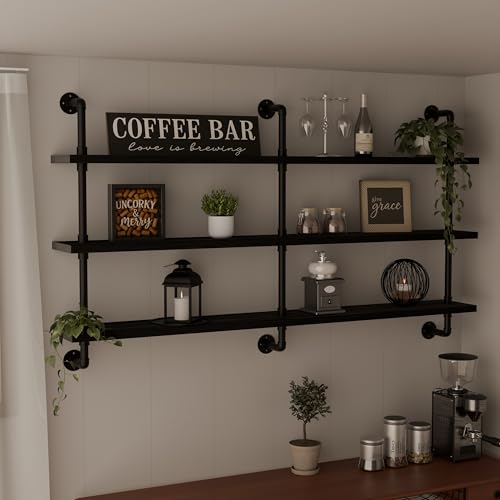 Industrial Pipe Shelving Rustic Black Pipe Wall Shelves Industrial Shelves with Wood Planks Floating Shelves 60 Inch Farmhouse Bathroom
